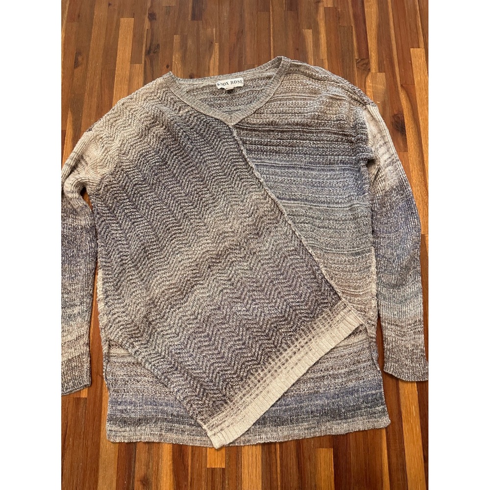 Knox Rose Sweater Womens Medium Blue Tan Excellent Asymmetrical V-Neck Knit